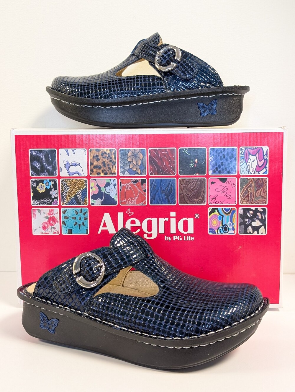 NIB Alegria Leather Clogs Jazzy Blue Classic Comfort Textured EU 35 US 5/5.5